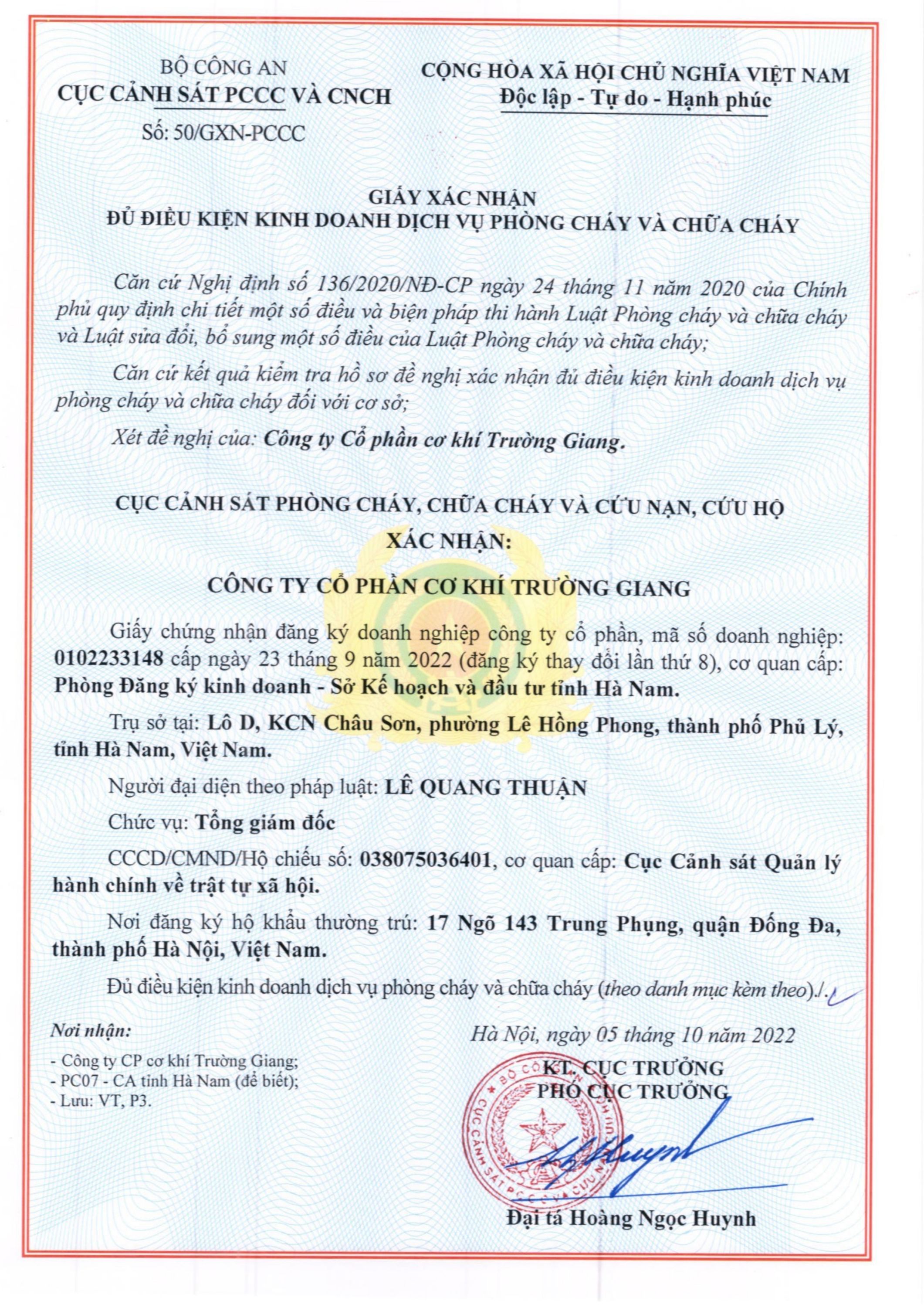 Chứng nhận kiểm định phương tiện PCCC tháng 2/2014