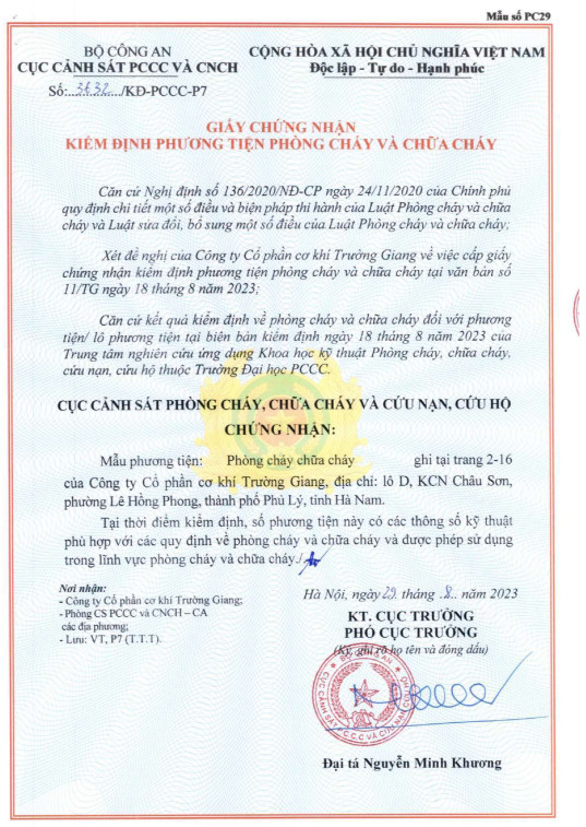 Chứng nhận kiểm định phương tiện PCCC tháng 2/2015