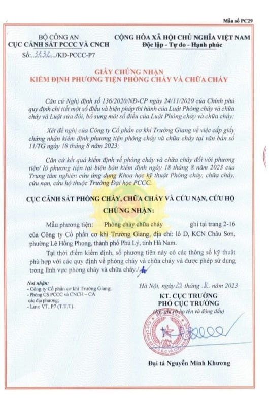 truong giang Inspection certificate 