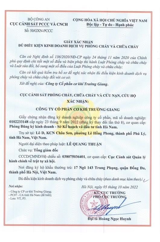 Chứng nhận kiểm định phương tiện PCCC tháng 2/2014